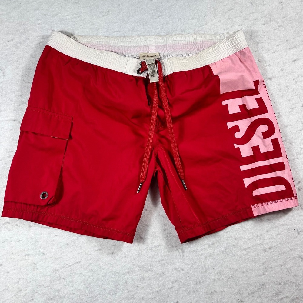 Diesel Beachwear Men's S Red Pink Swim Board Shorts Logo Y2K Cargo Trunks
